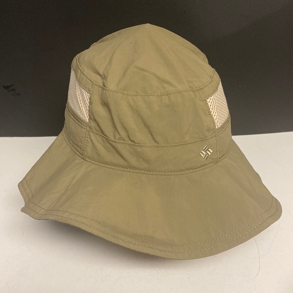 Columbia Tan Black Mesh Sun Hat Bucket Nylon Vented Chin Strap Adult OS
